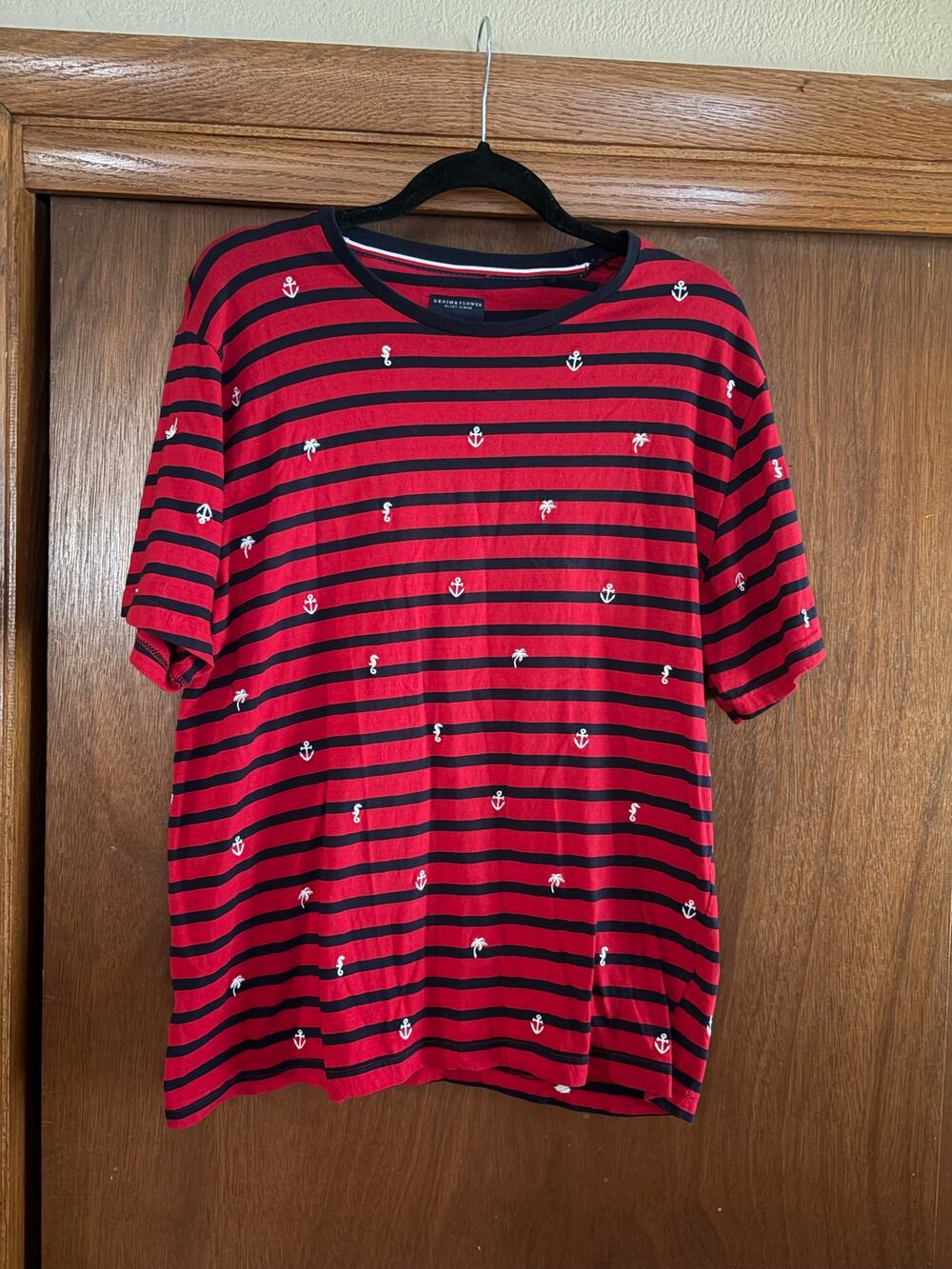 Denim & Flower Ricky Singh Striped Nautical Tee Anchor Palm Print Size Large